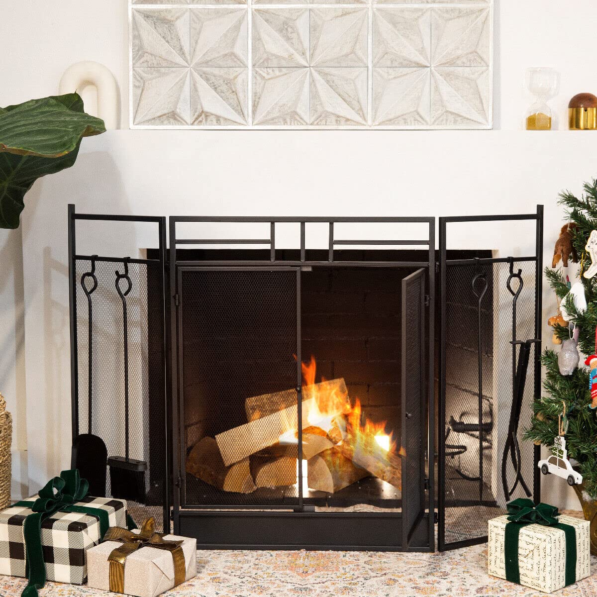 Black 3-Panel Folding Fireplace Screen with Magnetic Doors and 4-Piece Tools Set N69705