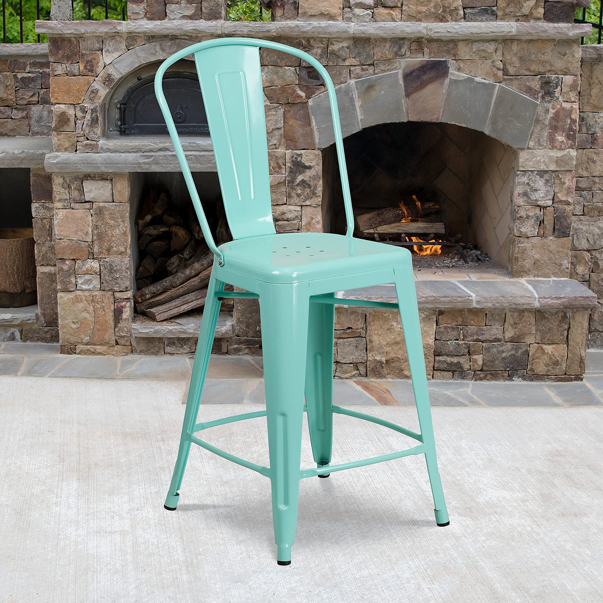 Mint Green Metal Counter Height Stool with Back Q3494