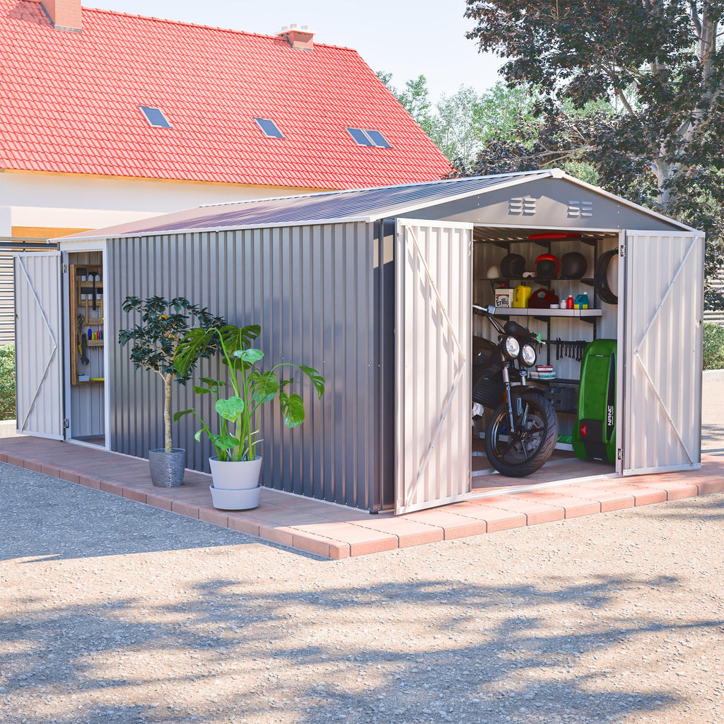 10x14 FT Waterproof Metal Storage Shed with 3 Lockable Doors D741