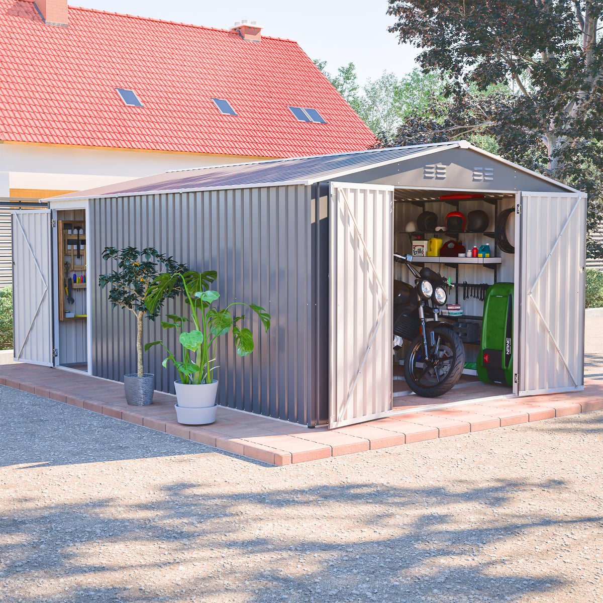 10x14 FT Waterproof Metal Storage Shed with 3 Lockable Doors D741