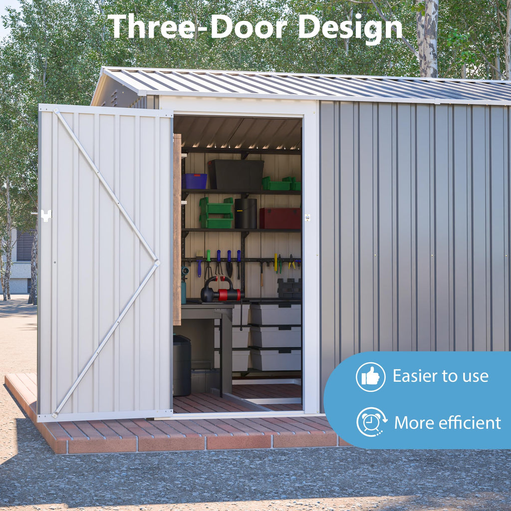 10x14 FT Waterproof Metal Storage Shed with 3 Lockable Doors D741