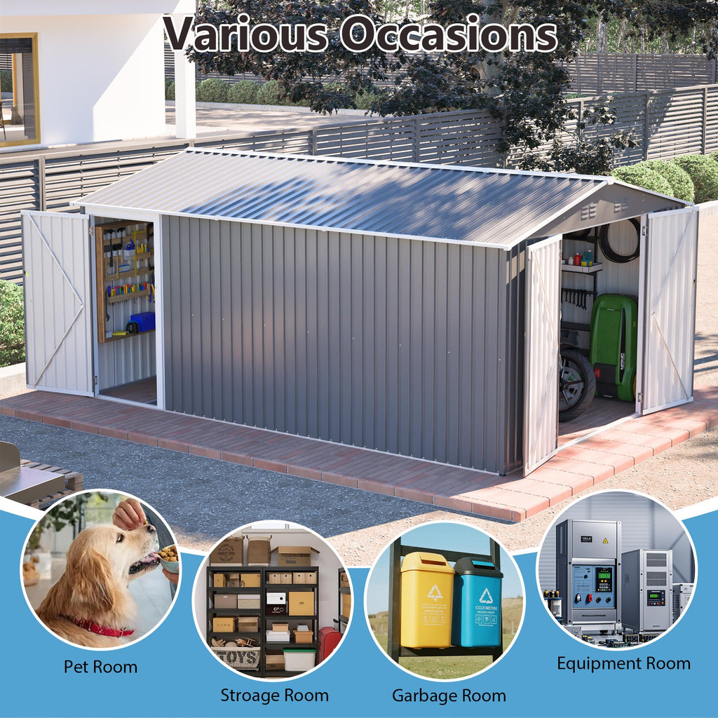 10x14 FT Waterproof Metal Storage Shed with 3 Lockable Doors D741
