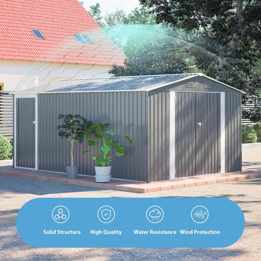 10x14 FT Waterproof Metal Storage Shed with 3 Lockable Doors D741