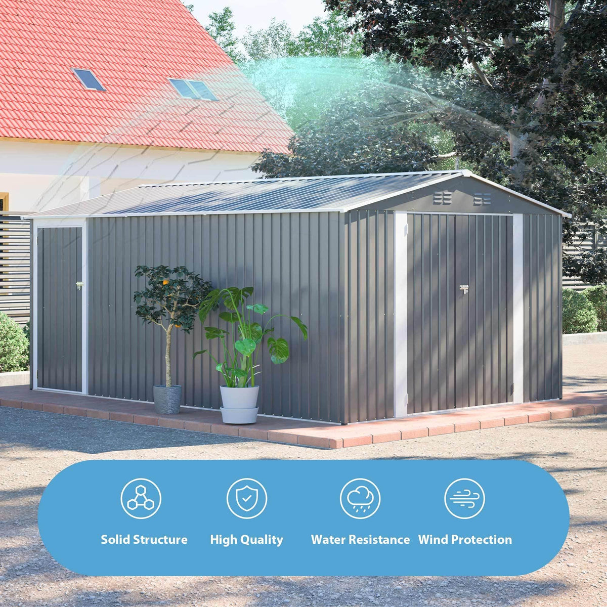 10x14 FT Waterproof Metal Storage Shed with 3 Lockable Doors D741